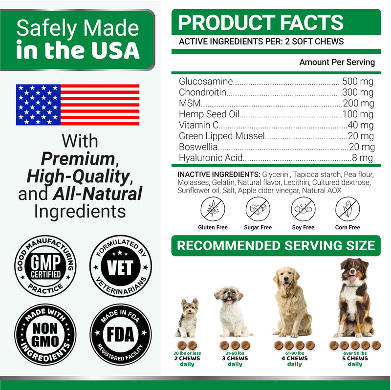 YUMA'S Hemp Hip and Joint Supplement for Dogs - Glucosamine for Dogs - 170 Dog Joint Pain Relief Chews - Chondroitin, MSM - Hemp Oil - Advanced Dog Joint Supplement Health - Mobility Support Treats 170 Treats Hemp Hip & Joint Chews