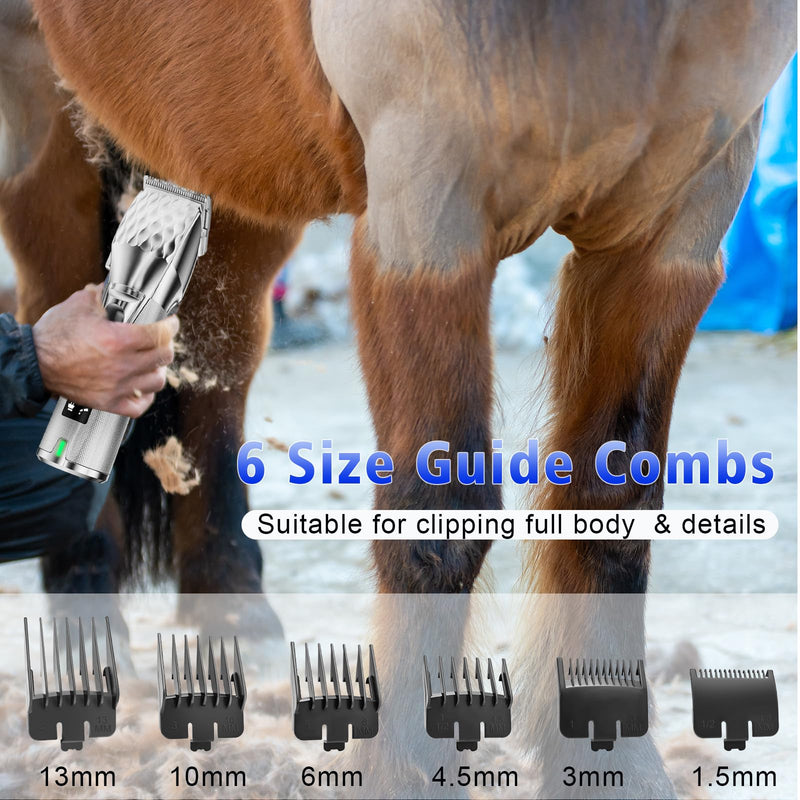 Rechargeable Horses Clippers, Cordless Pet Hair Trimmer Shaver with 6 Guide Guards, 2500mAh Large Battery Capacity Electric Grooming Kit for Livestock Animal Thick Coat, Light Weight 0.8lbs Silver - PawsPlanet Australia