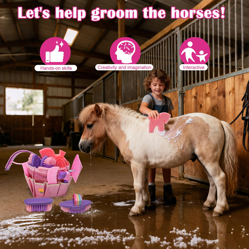 Horse Grooming Kit, Horse Brushes for Grooming Supplies Set with Organizer Bag, Horses Tack Brush Set for Effective Grooming and Cleaning, Gift for Horse Riders Beginners, Pink 9
