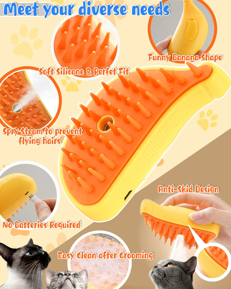 Cat Steam Brush for Shedding, 3 in 1 Steamy Grooming Brush, Spray Cat Brush for Long and Short Hair of Cat and Dog, Self-Cleaning Pet Hair Removal Comb. (Banana-Yellow) - PawsPlanet Australia
