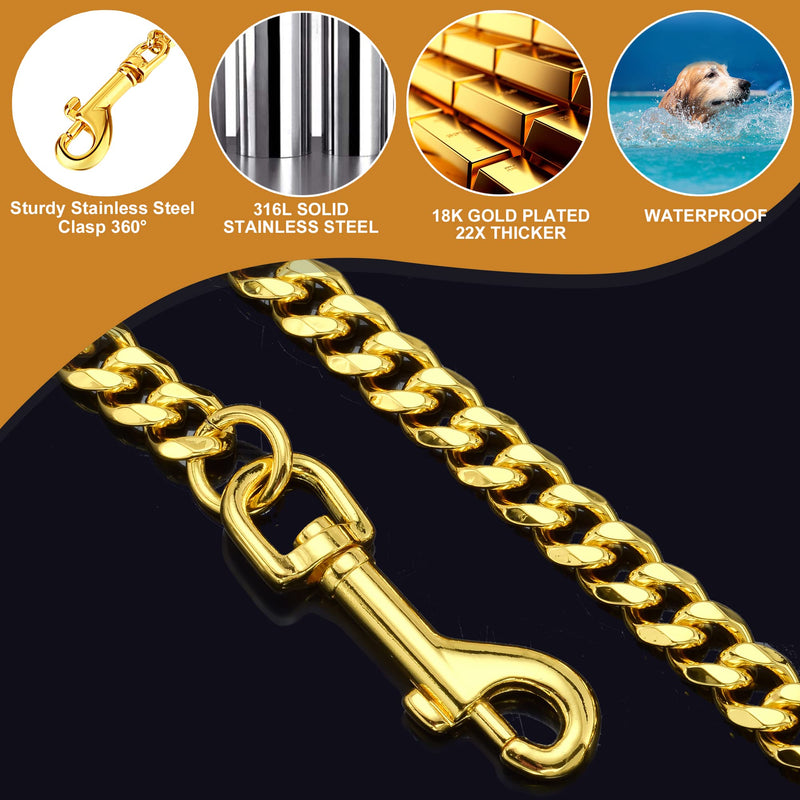 Dog Chain Leash Gold Dog Leash 4FT 18K Gold Stainless Steel 10mm Cuban Link Dog Leash with Comfortable Genuine Leather Handle for Puppy Small Medium Large Dogs(G, 4.3FT) Total Length 4.3FT - PawsPlanet Australia