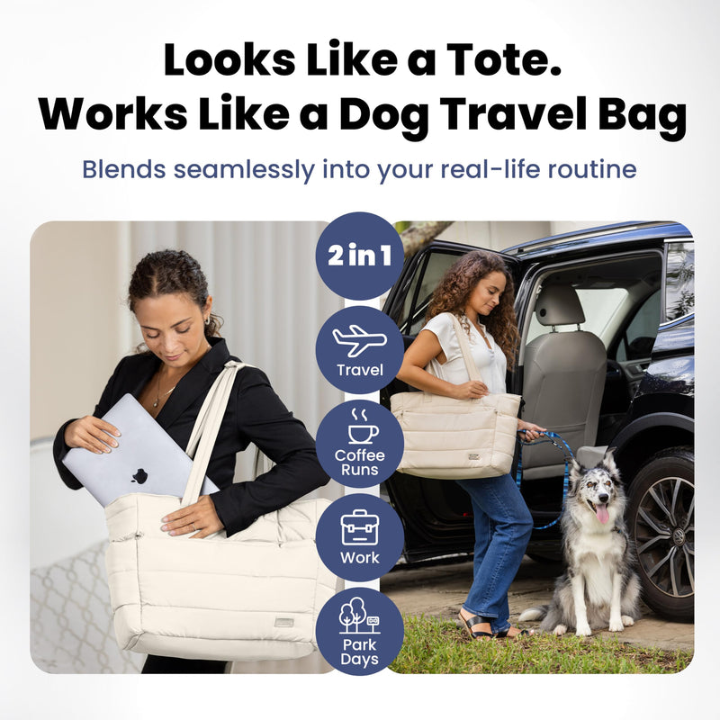 rubyloo Puffer Dog Travel Bag for Dog Moms – Doggy Diaper Bag with Pet Bowls & Food Storage or Everyday Puffy Tote – Doggy Mom Gifts for Women – Lightweight, Travel-Ready Gift for Pet Lovers – Beige - PawsPlanet Australia
