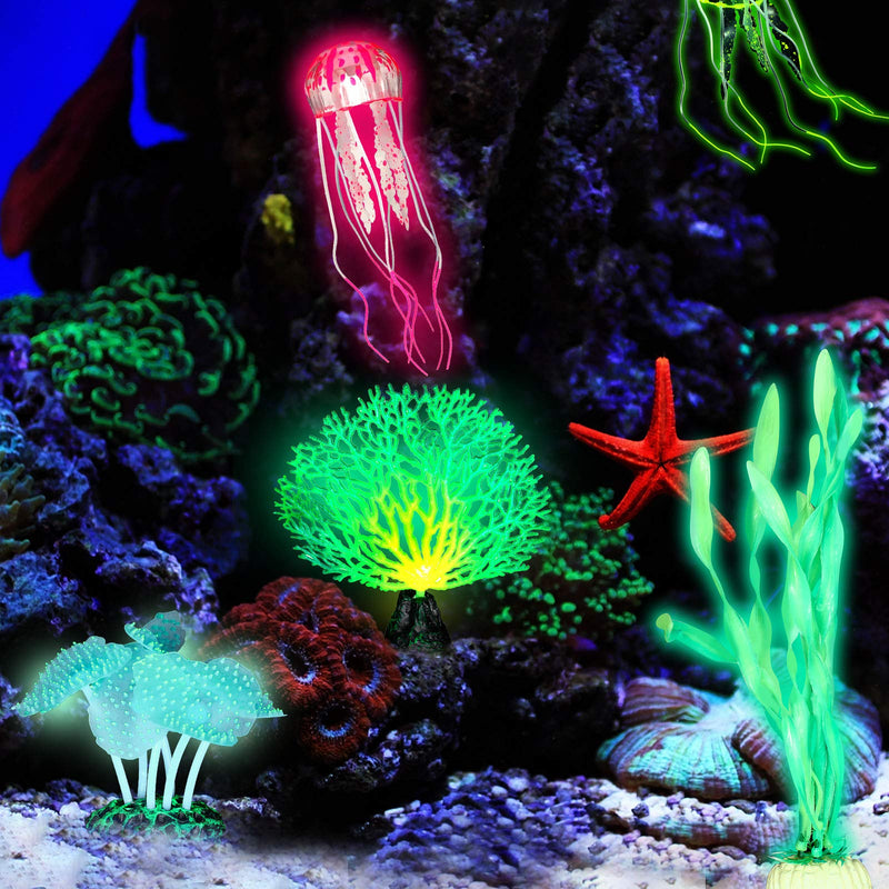 Frienda 8 Pieces Glowing Fish Tank Decorations Plants with 2 Style Glowing Kelp, Sea Anemone, Simulation Coral, Jellyfish, Lotus Leaf, Mushroom for Aquarium Fish Tank Glow Ornament - PawsPlanet Australia