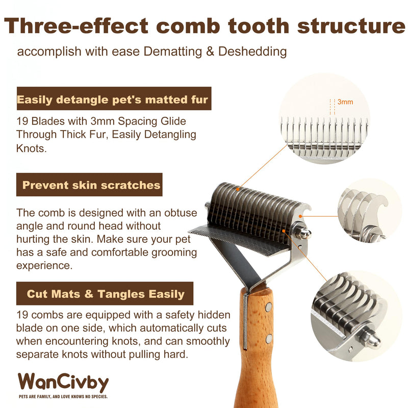 Undercoat Rake Dog Brush Dematting Comb cat shedding tool Dematting Tool Pet Brush Efficiently Detangle and Groom Coats for Large Medium Small Dogs and Cats Comb for Grooming Premium Wood Handle Round Handle - PawsPlanet Australia