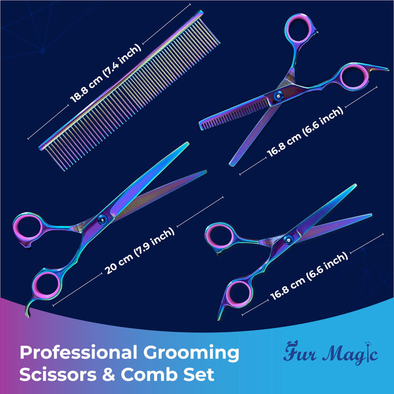 Fur Magic Dog Grooming Scissors Set, 4 Pieces Stainless Steel Grooming Products for Dogs and Cats with Straight Shears, Thinning Shears, Curved Scissors and Grooming Comb