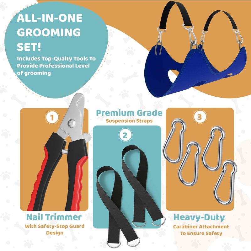 Dog Grooming Hammock – Sturdy & Safe Dog Hammock for Grooming with Durable Carabiner Clips & Straps – Soft, Comforting Dog Grooming Harness – Pet Grooming Hammock + Nail Trimmer for Large Dogs Large - Up to 65 Pound Blue - PawsPlanet Australia