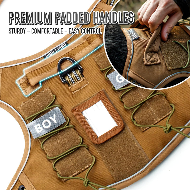 Tactical Dog Harness for Medium & Large Dogs, Brown Adjustable No-Pull Control with Handle, Heavy Duty Reflective Vest - Size XL Army Brown - PawsPlanet Australia