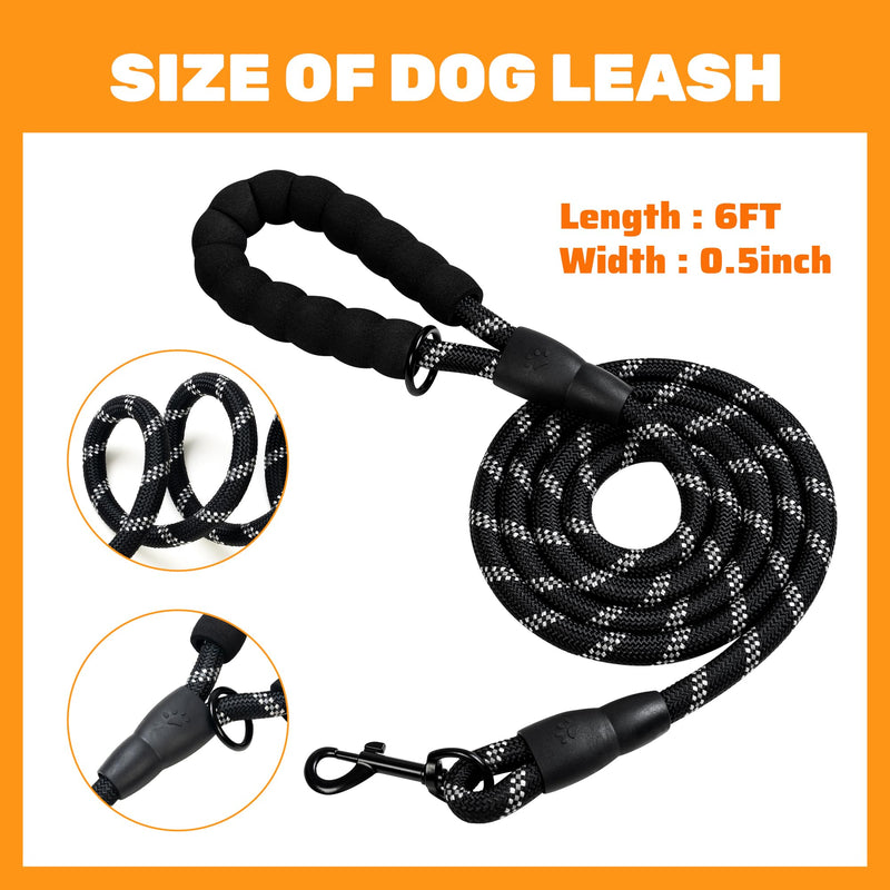 6 FT Heavy Duty Dog Leash with Soft Padded Handle, Highly Reflective Rope Dog leashes for Large Medium Small Dogs Night Walking Hiking Outside, 1/2 inch, Black - PawsPlanet Australia