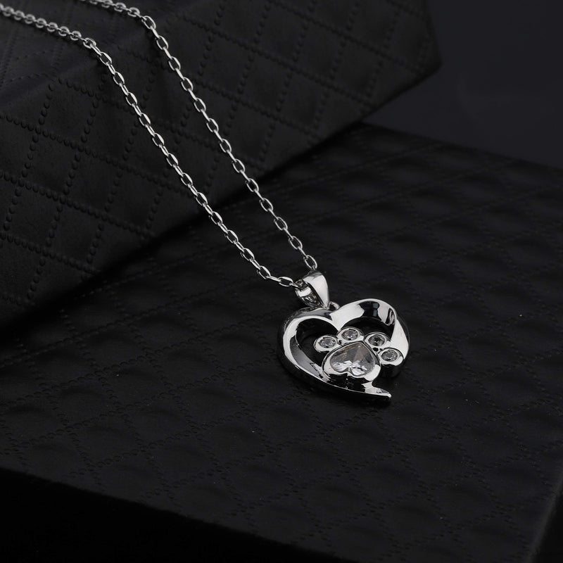 BEKECH Pet Lover Gifts Paw Print Necklace Cubic Zirconia Puppy Dog Cat Pet Paw Print Love Heart Pendant Necklace for Women silver