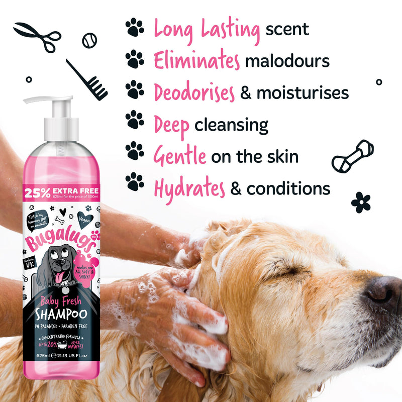 BUGALUGS Baby Fresh Dog Shampoo grooming products for smelly dogs with baby powder scent, best puppy shampoo, Vegan pet shampoo professional (625ml) 625ml