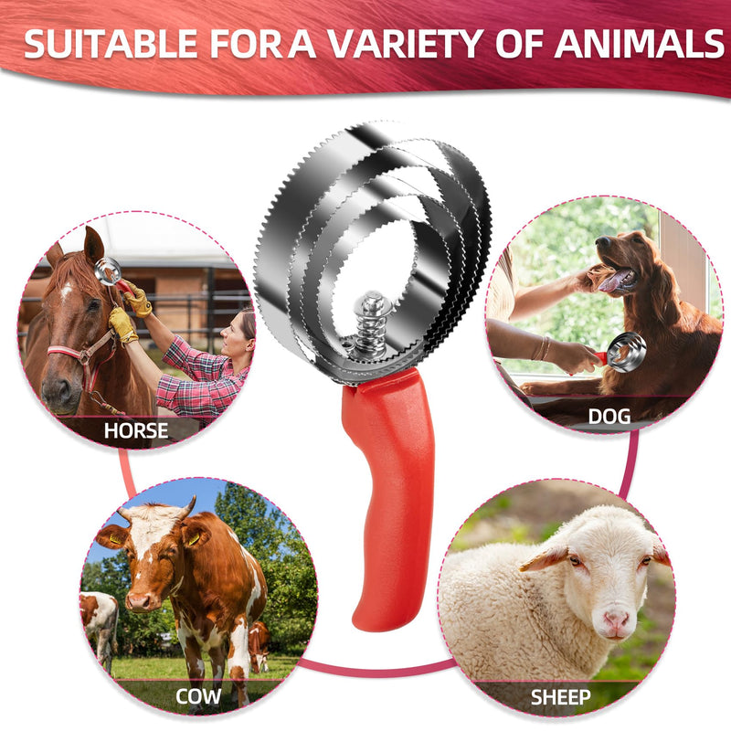 4 Rings Curry Comb Horse Brush, Reversible Stainless Steel Curry Comb Brush, Scraper With Handle Double Sided Shedding, Tool For Dog Horse Grooming Supplies (Red) Red