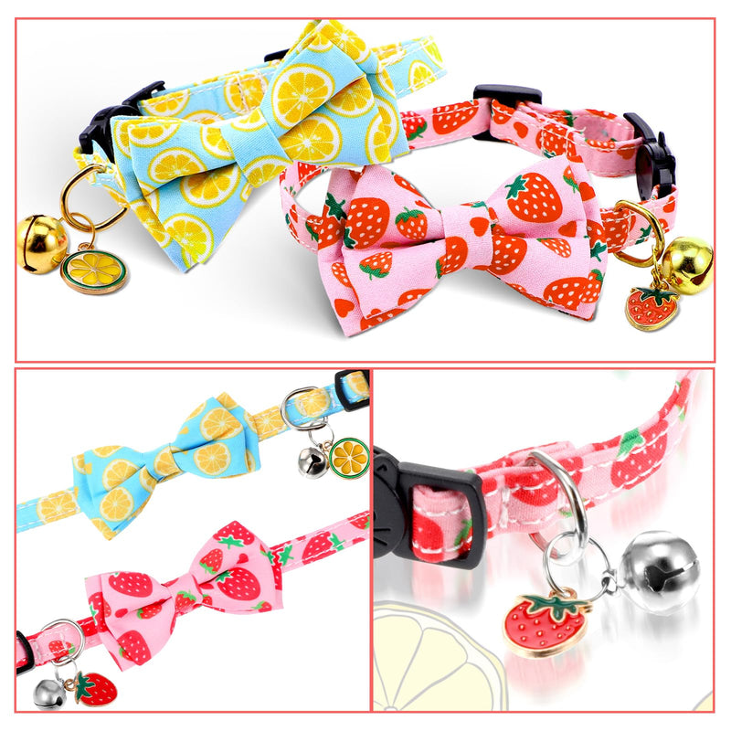 Ouligay 2PCS Bowtie Cat Collar with Bell Adjustable Breakaway Kitten Collars Cute Cat Collar with Removeable Bowknot for Girl Cats Boy Male Cats Lemon Strawberry - PawsPlanet Australia