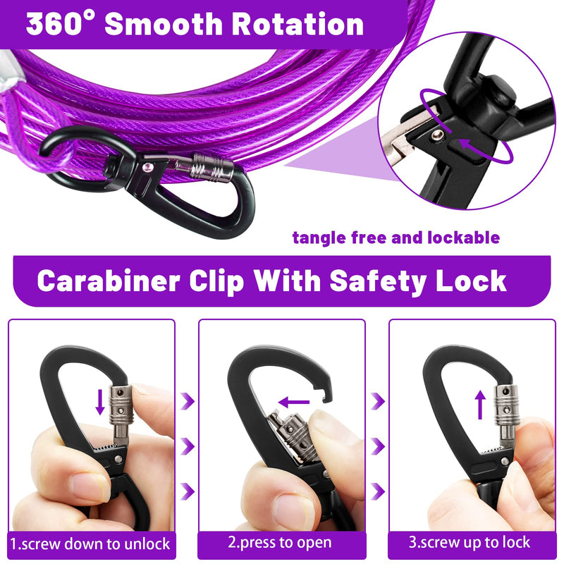 Dog Tie Out Cable 10/15/20/25/30 FT Dog Runner for Yard Steel Wire Dog Cable with Durable Superior Clips purple Dog Chains Heavy Duty for Outside Hold Large Dogs Up to 165 lbs 10FT - PawsPlanet Australia