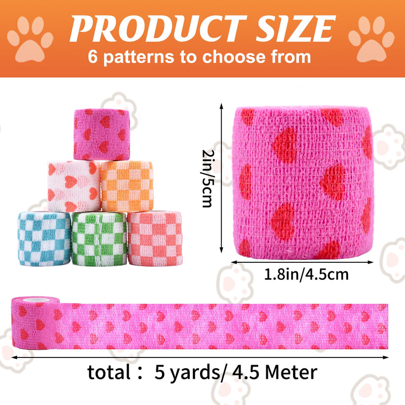 6 Roll 2 Inch x 5 Yards Checkered and Heart Print Pet Vet Wrap for Dogs Cats, Cohesive Bandages in Bulk, Non-Woven Self Adhesive Bandages Wrap Roll for Animals Wound Care, Ankle Sprains and Swelling - PawsPlanet Australia
