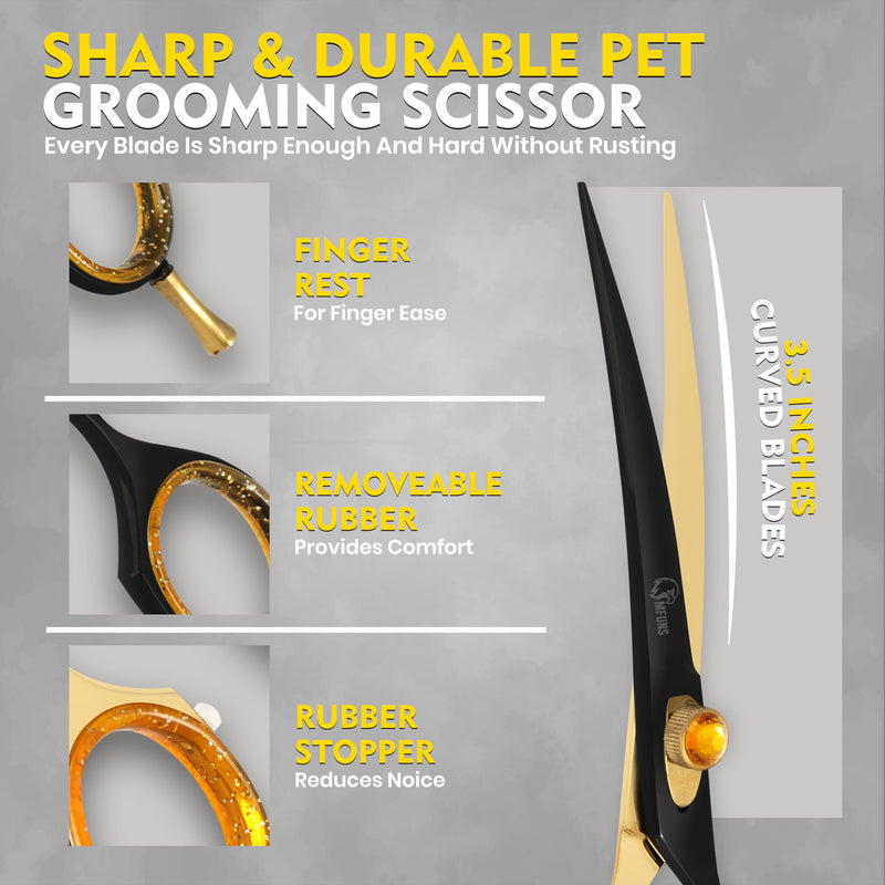 7.5 Inch Curved Grooming Scissors for Dogs and Cats – Professional Pet Grooming Shears for Face, Paws, Body and Tail – Sharp, Smooth, Ergonomic Curved Blades for Salon Groomers and Home Use Golden Black Curved Straight - PawsPlanet Australia
