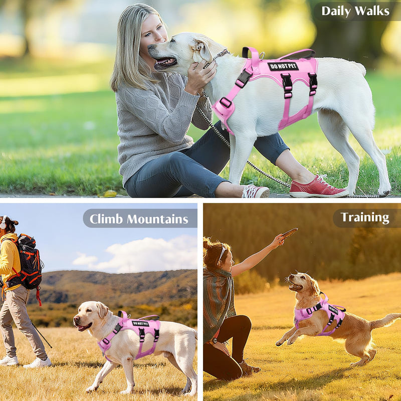 WINSEE Escape Proof Dog Harness, Service Working Molle Harness with Double Handle, Tactical Pet Vest with 4 Patches for Small Medium Large Dogs Walking Hiking Hunting Pink