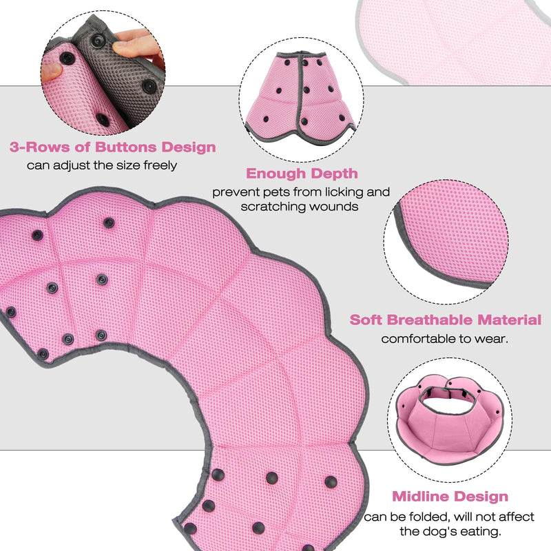 IECOii Soft Dog Cone, Soft Elizabethan Collar Anti Lick Dog Collar Pink S | Breathable Air Mesh|Covered Smooth Snap Buttons|Soft Rounded Edge|Stops Lick-Scratch Injury Cycle|Reusable Long-Term S---Neck:9.4-11.8in