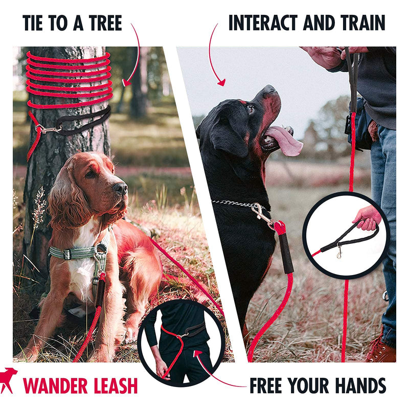 Tuff Pupper Heavy Duty 30 Foot Long Rope Leash for Dogs | Dog Recall Training Leash | High Visibility Strong Climbing Rope Leash | Hand or Waist Worn | Stainless Steel 360° Clips for Tangle Free Use March Red - PawsPlanet Australia
