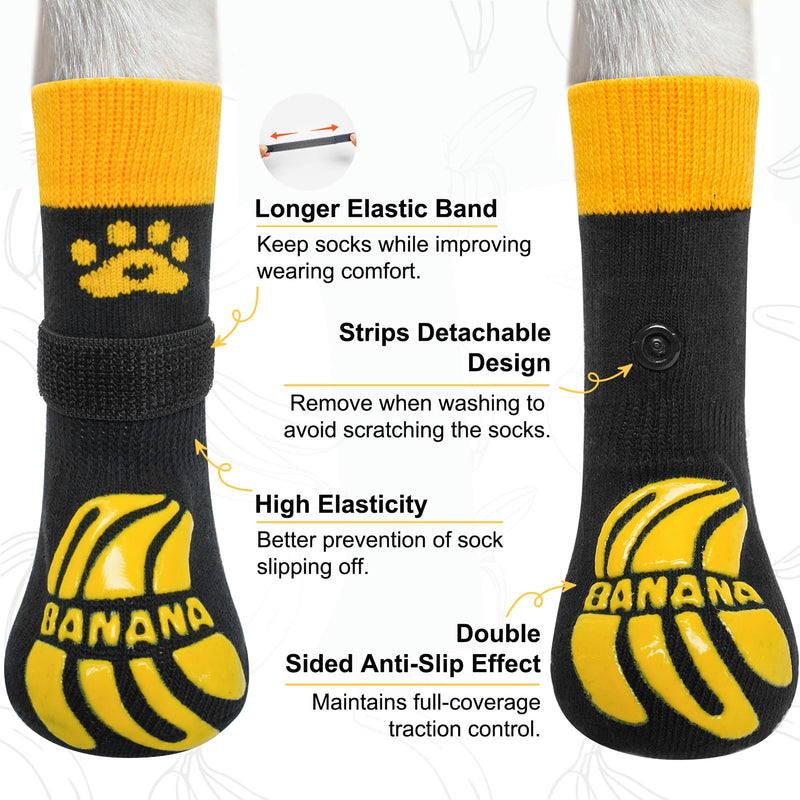 BEAUTYZOO Non-Slip Dog Socks to Prevent Licking Paws, Dog Shoes for Hot Pavement, Paw Protector Traction on Wood/Hardwood Floors- Grip That Works Even When Twisted-Senior Small Medium Large Dog Boots S/M(Pack of 4) Bananas Yellow