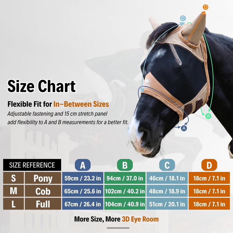 BARN & STABLE Fine Mesh Horse Fly Mask with Ears Lightweight UV Protection Fly Mask for Horses Large 3D Eye Space with Soft Fleece Trim Adjustable Straps Gold