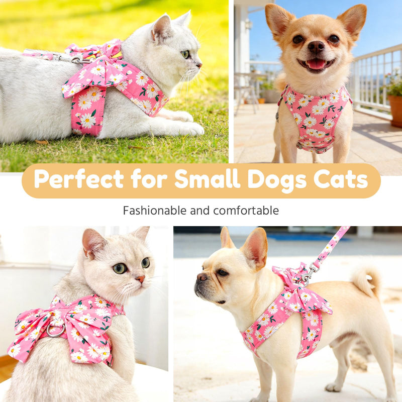 BAEJMJK Dog Harness and Leash Set with Bow Knot No Pull Pet Daisy Floral Harness with D-Ring Soft Mesh Dog Harness Vest Set Escape Proof Princess Puppy Harness for Small Girl Dogs Cats?Pink M? Medium Pink - PawsPlanet Australia