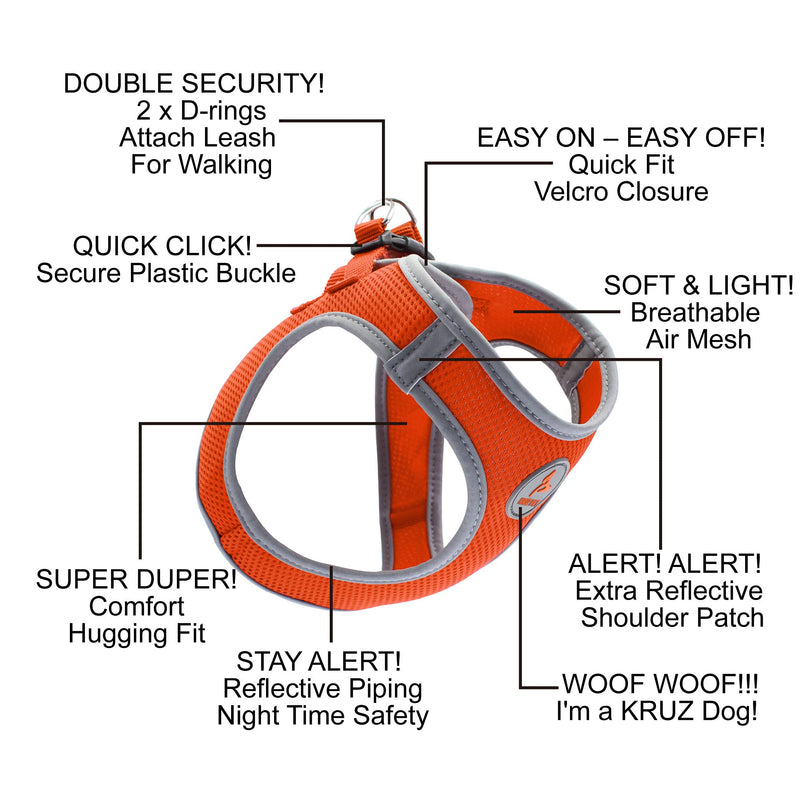 Kruz PET KZA306 Reflective Mesh Dog Harness, No Pull, Quick Fit, Comfortable, Adjustable Pet Vest Harnesses for Walking, Training, Small, Medium Dogs Orange - PawsPlanet Australia