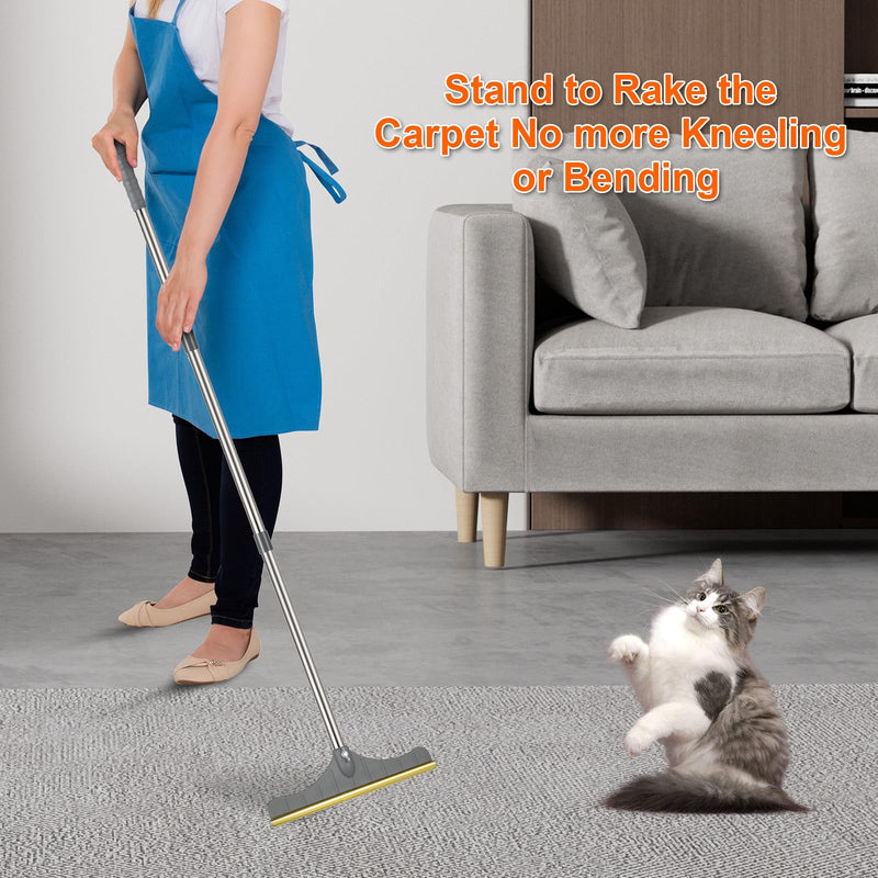 Stainless Steel Carpet Rake for Pet Hair Removal, Reusable Cat Dog Hair Remover with 47’’ Adjustable Long Handle Advanced Lint Remover Scraper for Carpets, Rugs, Mats, Furniture (Grey) grey - PawsPlanet Australia