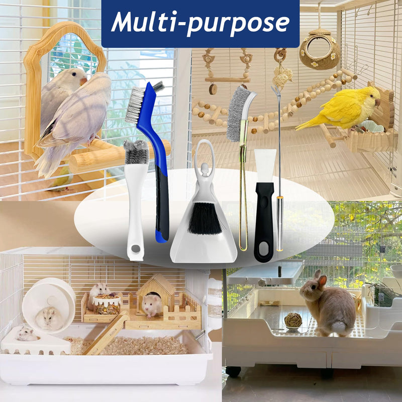 Upgrade 6PCS Cage Cleaner Set,2-in-1 Stainless Steel Pet Cage Brush,Bird Poop Remover,Scraper Tool with Long Handle,Small Animals House Cleaning Accessories,Mini Dustpan and Broom Set (6PCS) - PawsPlanet Australia