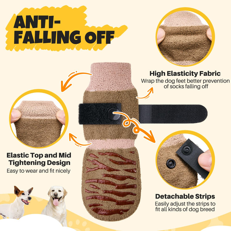 SlowTon Dog Socks with Double-Sided Grippers - 4PCS Dogs Grip Socks for Hot & Cold Pavement or Hard Floors, Non-Slip Paw Traction Protectors for Senior Small Medium Large Dogs(Brown, M) - PawsPlanet Australia