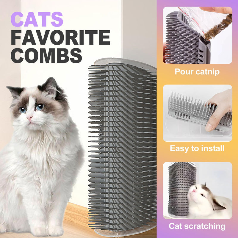 2 Pack Cat Corner Self Groomer, Wall Mounted Grooming Brush for Cats Face Scratcher and Massager Comb for Shedding Interactive Rubbing Tool with Catnip for Indoor Cats