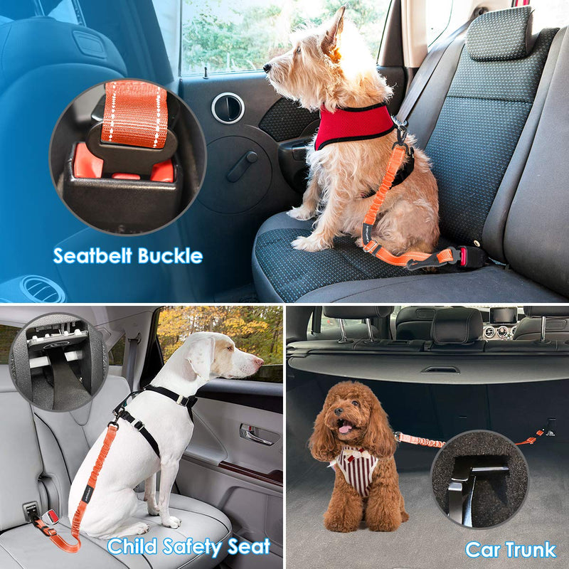 URPOWER 3-in-1 Dog Seat Belt for Car, 2 Pack Adjustable Bungee Dog Car Harness with Seatbelt Buckle & Latch Hook, Reflective & 360° Swivel Heavy Duty Pet Safety Belts for Dogs and Cats Orange - PawsPlanet Australia