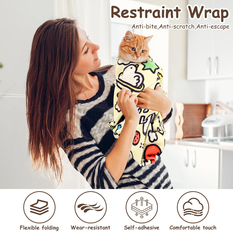 Uranshin Cat Grooming Wrap, Cat Wrap for Cutting Nails, Cat Restraint Wrap, Self-Adhesive Cat Swaddle Burrito Wrap for Nails Trimming, Medicine Feeding, Teeth Brushing, Ear Cleaning (13.8×13.8in) 13.8×13.8in Yellow - Cute Animal Paradise Graffiti - PawsPlanet Australia