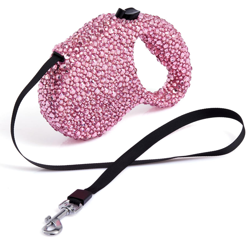 Sparkle Retractable Dog Leash,Pink Rhinestone Pet Walking Leash for Small Medium Dog Cat,Bling Small Puppy leash,Durable 16 ft Strong Nylon Tape,360°Tangle-Free,One-Handed Brake, Pause, Lock - PawsPlanet Australia