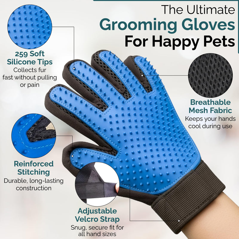 Pet Grooming Gloves for Dogs & Cats – Premium 259-Tip Deshedding & Massage Mitts, Easy-Peel Hair Removal, Adjustable Strap, 1 Pair (Blue/Pink) (Blue) Blue - PawsPlanet Australia