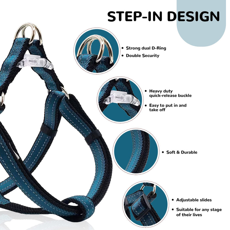 Reflective Dog Harness, Collar & Leash Set - No Pull Harness with Quick Release Buckle for Small Dogs - Double D - Ring Step - in Design for Walk, Run, Training Dog Girls and Boys 3 Combos-Midnight Blue S:12" to 20"-in chest - PawsPlanet Australia