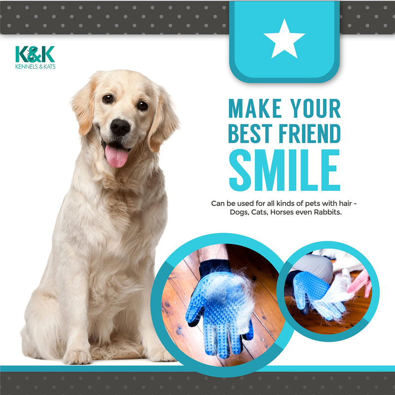 KENNELS & KATS Pet Grooming Gloves | Deshedding Glove for Easy, Mess-Free Grooming | Grooming Mitt for Dogs, Cats, Rabbits & Horses with Long/Short/Curly Hair | Pet Hair Gloves for Pet Hair Removal Pair - One Size Fits All Blue