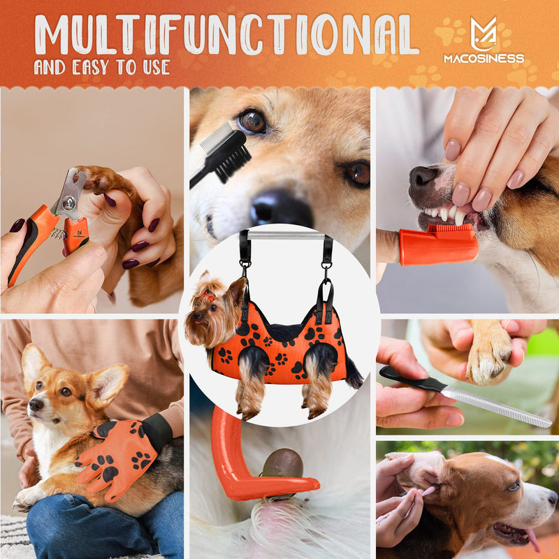 2025 16-in-1 - Dog Grooming Hammock - Dog Hanging Harness for Nail Trimming - Pet Grooming Hammock - Dog Sling for Nail Trimming - Dog Nail Trimming Hammock - Dog Holder for Nail Trimming PREMIUM SET - Orange with black paws XS - PawsPlanet Australia