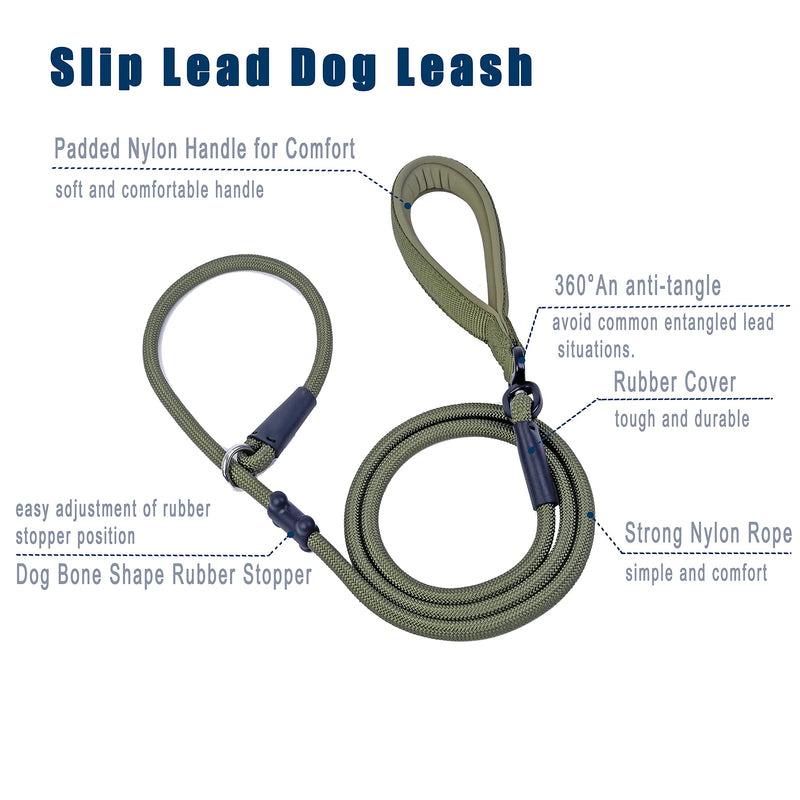 Slip Lead Dog Leash Strong Nylon Rope Leash with Comfortable Handles and Walking Training Lead for Small Medium Large Dogs (Army Green, 1/2"×6ft) Army Green