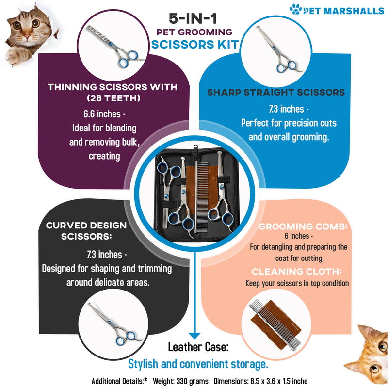Professional Pet Grooming Kit 5-in-1 - Stainless Steel Trimming Scissors Set with Straight Hair Comb for Small and Large Pets - PawsPlanet Australia