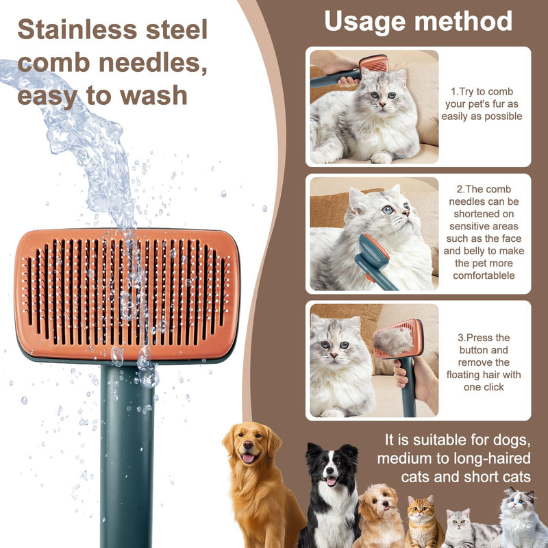 Self Cleaning Deshedding Cat Brush for Dogs & Cats,Adjustable Cat Brushes for Indoor Cats, Easy to Clean Grooming Tool for Long & Short Haired Pets Green