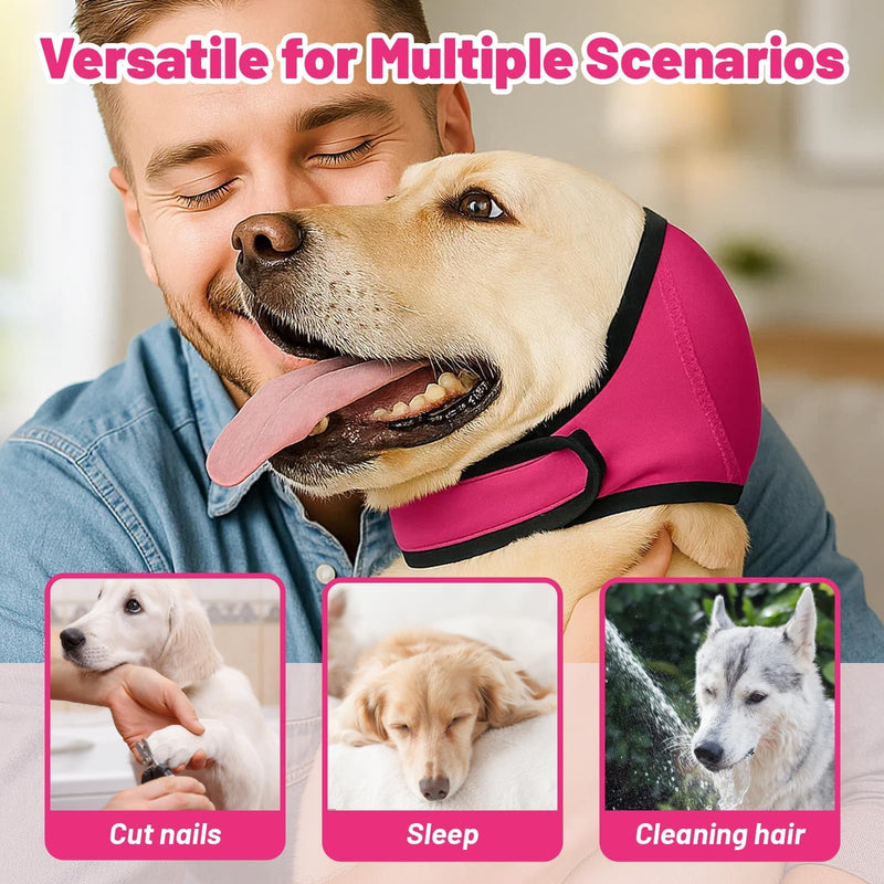 Dog Ear Protectors, Adjustable Dog Ear Defenders for Noise Protection - Soft, Secure Head Wrap with Magic Tape for Anxious Pets During Bathing, Grooming, Thunder & Fireworks（Rose Red, L）
