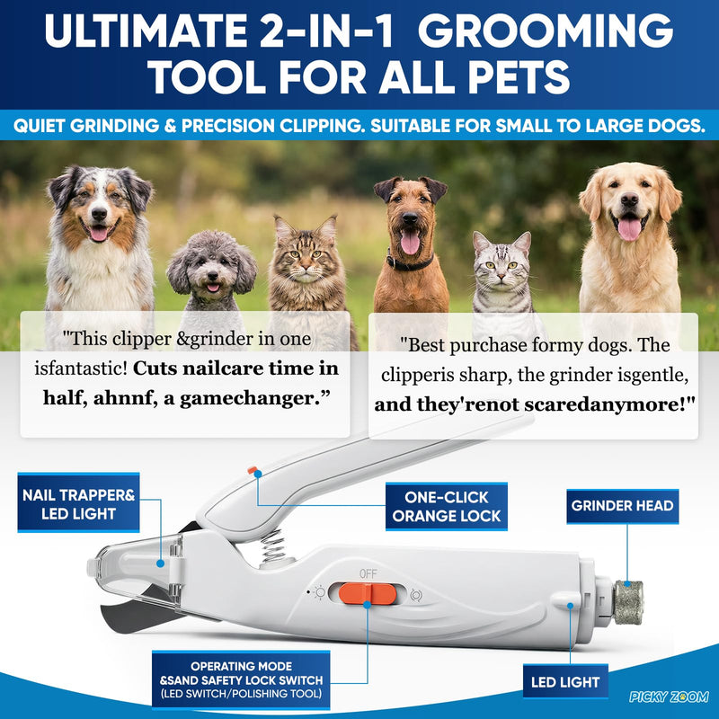 2-in-1 Dog & Cat Nail Clippers and Grinder with Light – Upgraded Safety Guard to Avoid Overcutting, Sharp Blade, Painless Quiet Pet Nail Claw Trimmers, Professional Grooming Tool for Large Small Pets White - PawsPlanet Australia