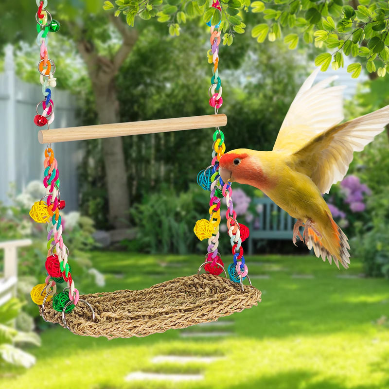 Natural Bird Swing Toys with Wood Perch,Double Layer Bird Seagrass Woven Climbing Hammock with Chewable Perch Stand Chewing Toy for Parakeets,Budgies,Conures,Cockatiels,Lovebirds - PawsPlanet Australia