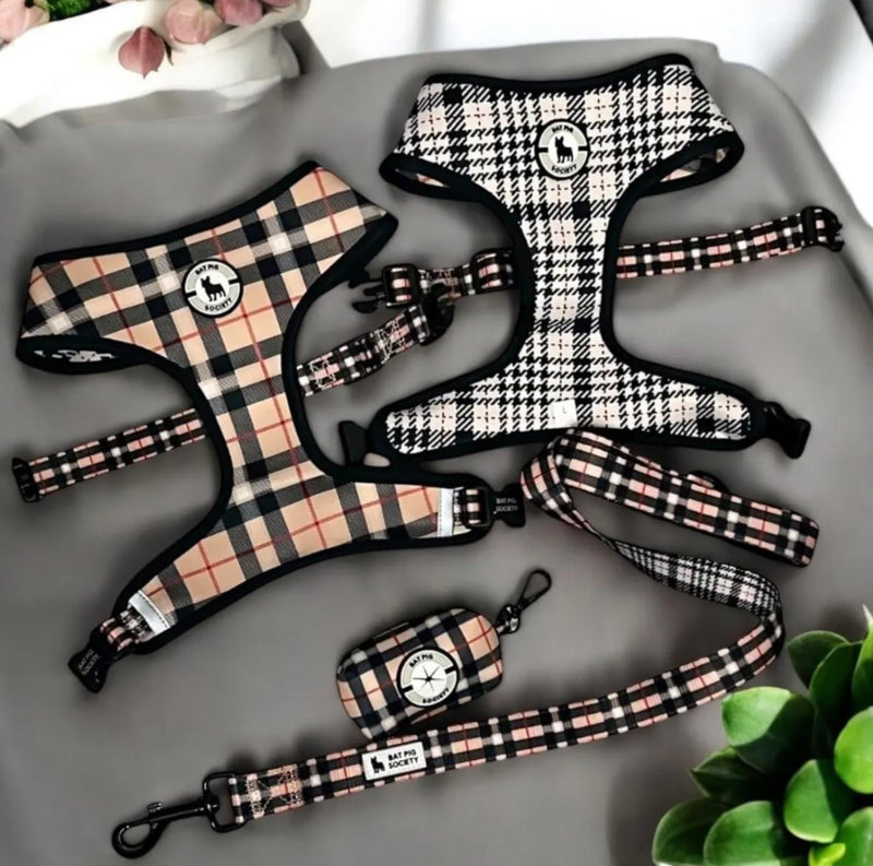 Classic Plaid Reversible Harness & Leash Set(M), Medium, Cream M - PawsPlanet Australia