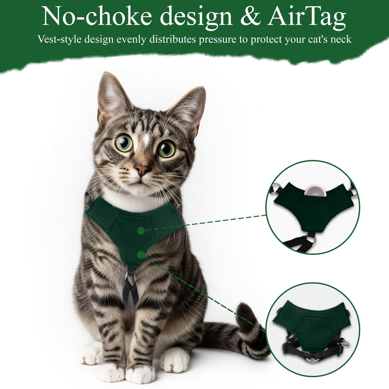 A1HC Escape Proof Cat Harness and Leash - Soft Adjustable Vest, Comfortable Mesh and Long Strips with Air Tag Pocket, Easy Control, Safe Walking Harness for Cats & Kittens - Dark Green (Small) Small - PawsPlanet Australia