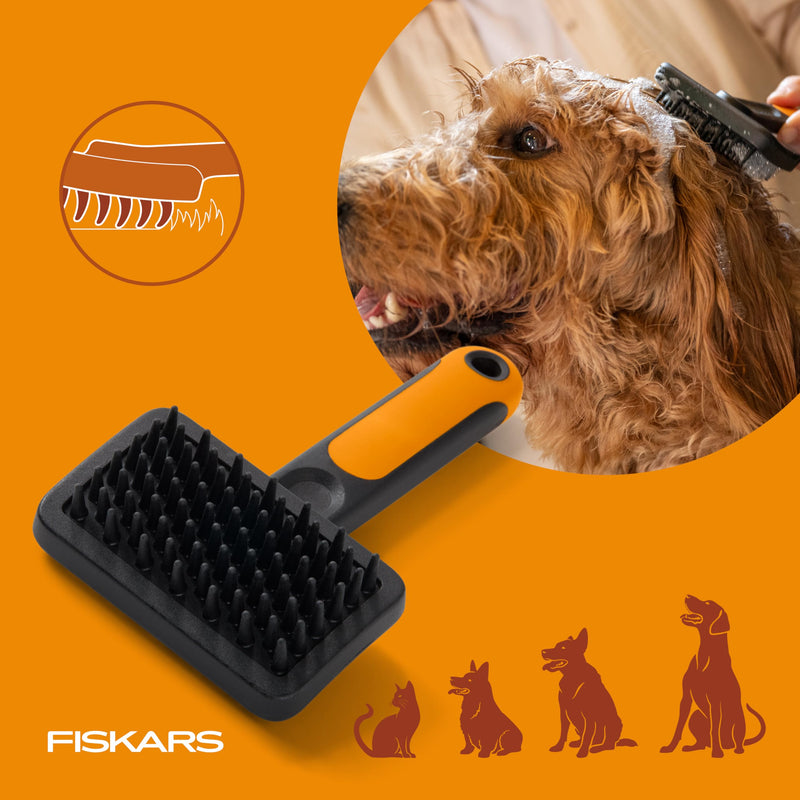 Fiskars Pet Massage Brush, Cat and Dog Brush, Flexible Silicone Bristles & SoftGrip™ Handle for Gentle Deshedding, 6.5”, Orange/Black