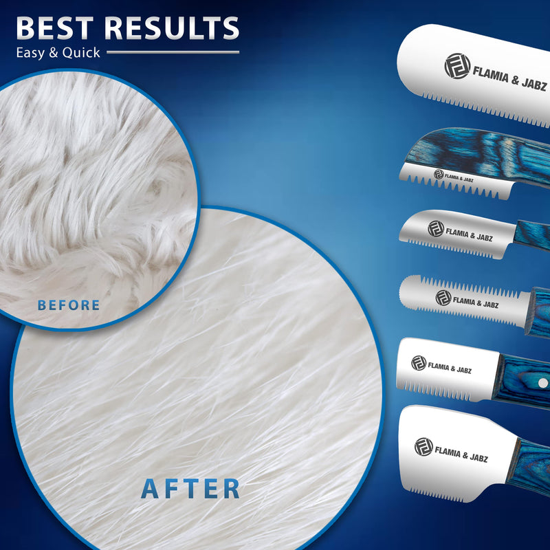 FLAMIA & JABZ FJ Professional Stripping Knife kit (6 pieces set) for Dogs & Pets, Wooden Handle Grip with Stainless Steel Blade (Right handed) (Blue) Blue - PawsPlanet Australia