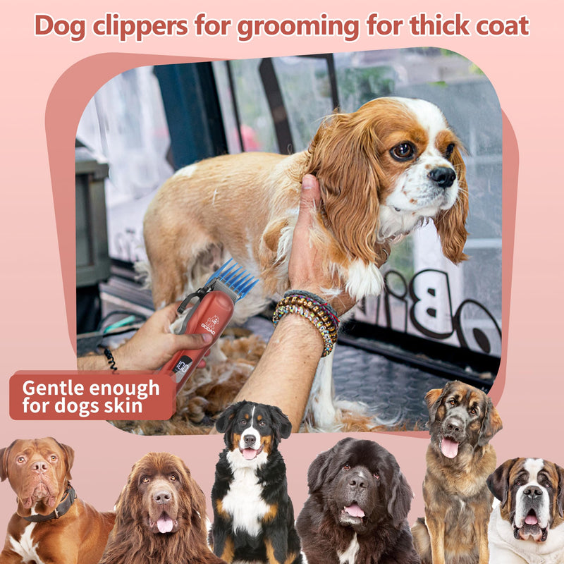 Dog Clippers for Grooming, Cordless, Low Noise, Electric Quiet, Rechargeable Pet Hair Clippers for Thick Coats, Trimmer Grooming Kit, Shaver for Small and Large Dogs Cats, Red