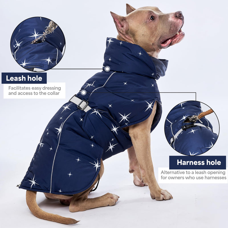 Winter Dog Vest for Medium Large Dogs 4XL – Lined Dog Coat with Quick Fastex Buckle, High Stand Collar with Collared Snood, Elastic Waist, Leash & Harness Opening (Chest 25.59–29.52”, Length 19.68”) 4XL: Chest 25.59-29.52'', Length 19.68''