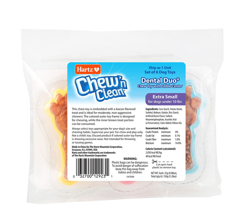 Hartz Chew 'n Clean Dental Duo Dog Treat & Chew Toy, Color Varies, Extra Small, 6 Count X-Small (Pack of 6) - PawsPlanet Australia